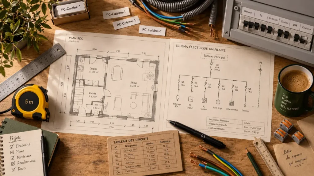 Plan pour electricite : schéma électrique unifilaire et circuits.
