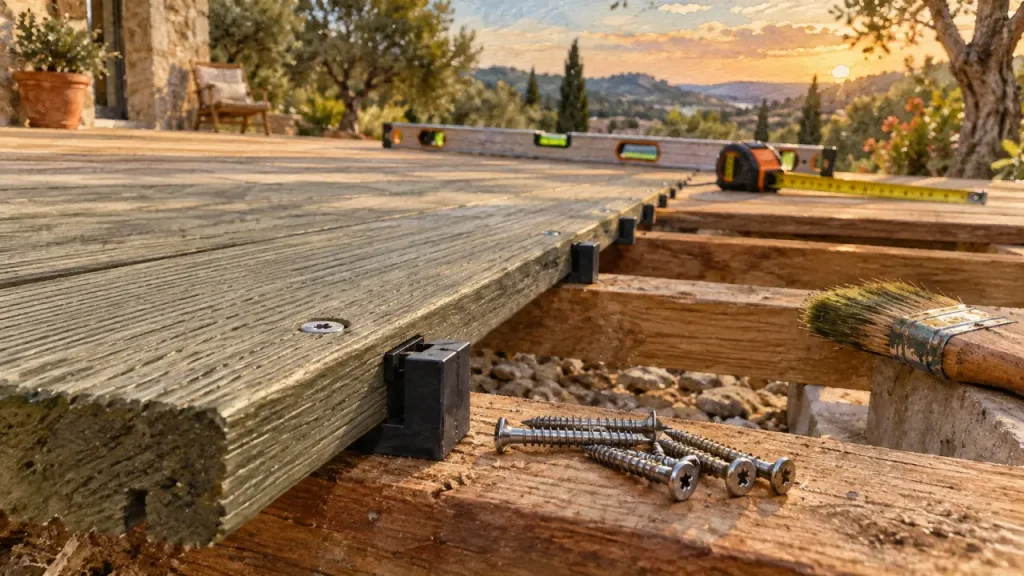 poser une terrasse en bois : vis inox sur lambourdes, écartement et niveau de pente
