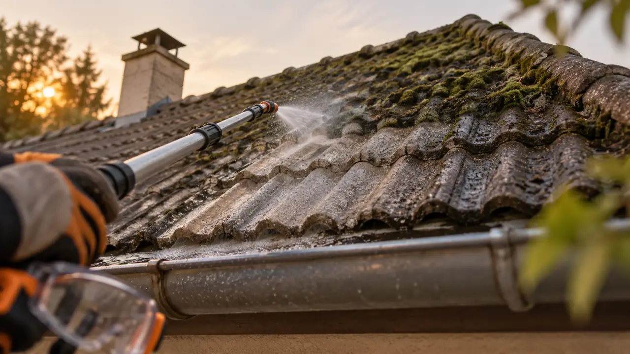 Toiture karcher : jet haute pression sur tuiles béton fragilisées