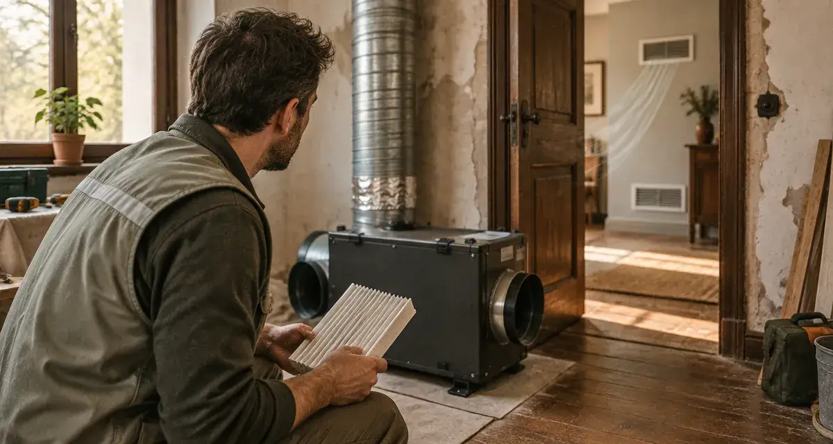 Ventilation mecanique insufflation : technicien et caisson de surpression pour air plus sain